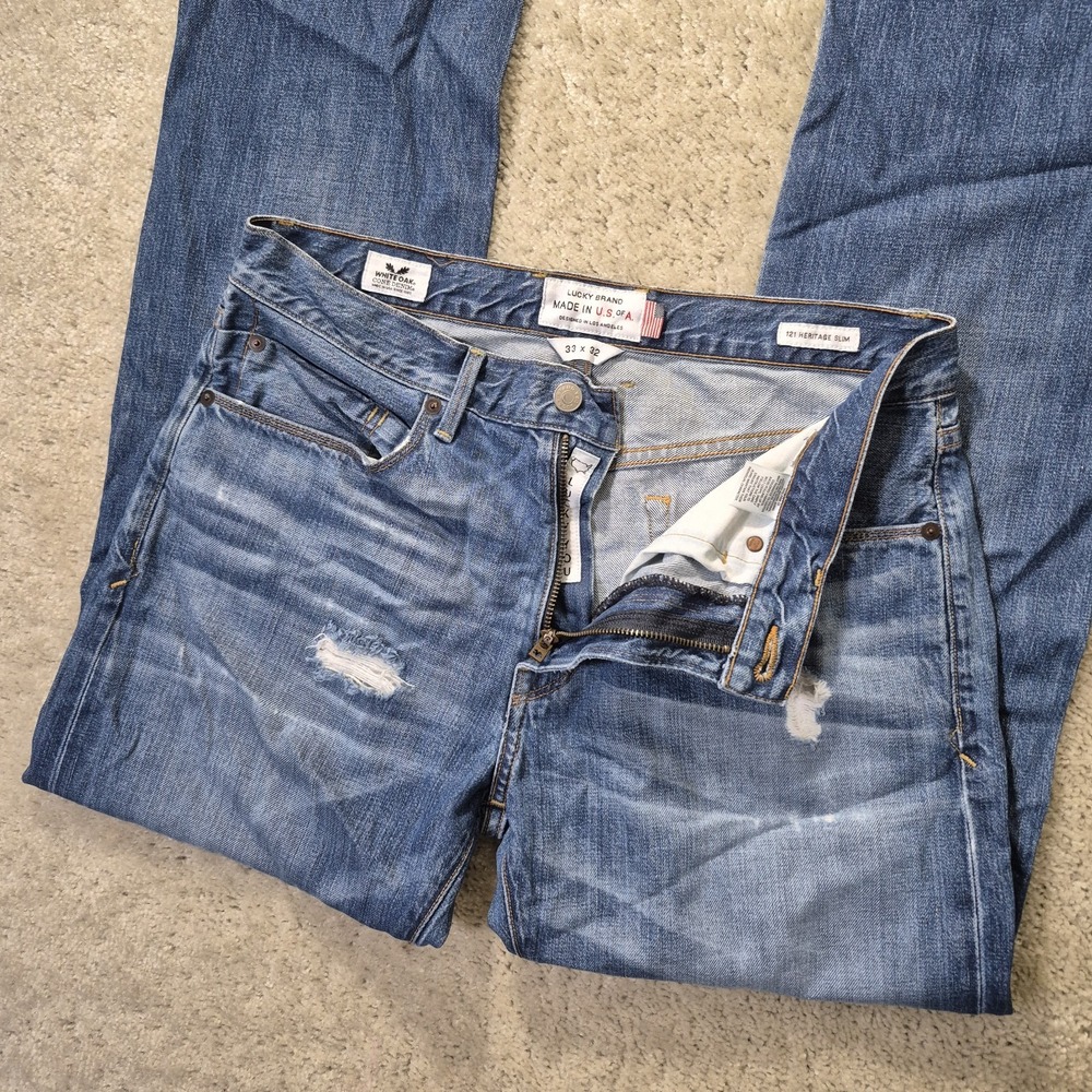 Lucky Brand 121 Heritage Slim Jeans Mens 33x32 White Oak Cone Denim Distressed